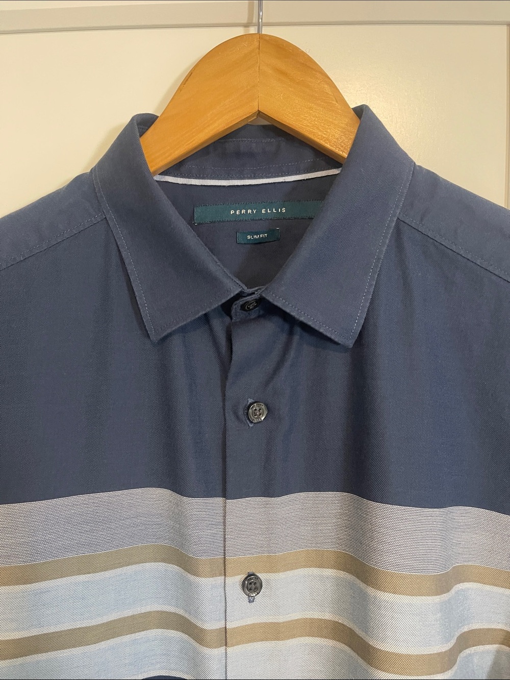 Perry Ellis Navy Button-Down Shirt with Beige & Light Blue Stripes